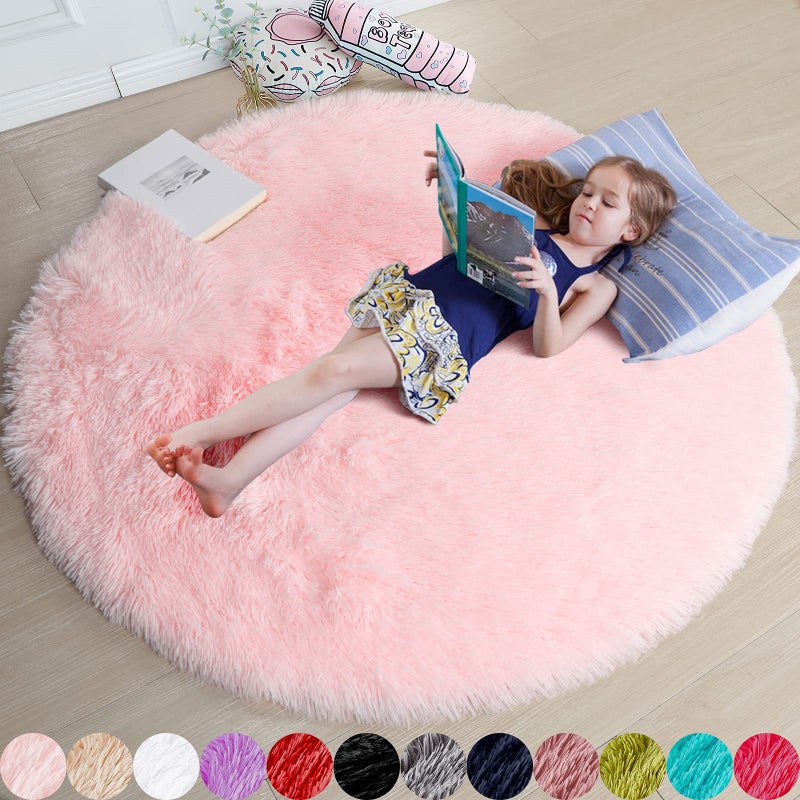 Amdrebio Light Pink Round Rug 4Ft for Girls Bedroom, Fluffy Circle Area Rugs for Kids Room Decor Aesthetic, Cute Shag Fuzzy Carpet for Nursery, Preppy Dorm, Classroom, Playroom, Teen, Baby, Washable - Image 1